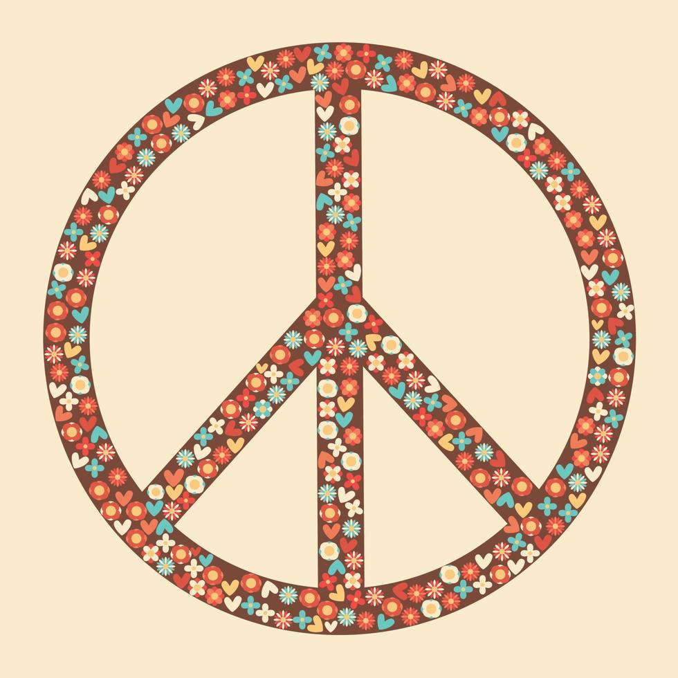 icono, pegatina en estilo hippie con signo de paz y flores sobre fondo beige. estilo retro vector