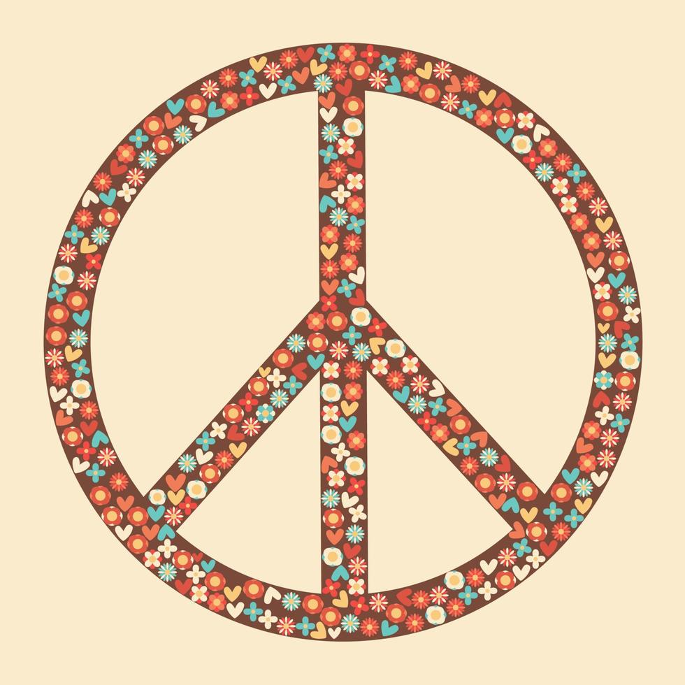 Icon, sticker in hippie style with Peace sign and flowers on beige background. Retro style vector