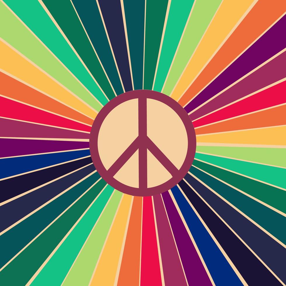 icono, pegatina al estilo de un hippie con un signo de paz en el fondo de rayos de colores vector