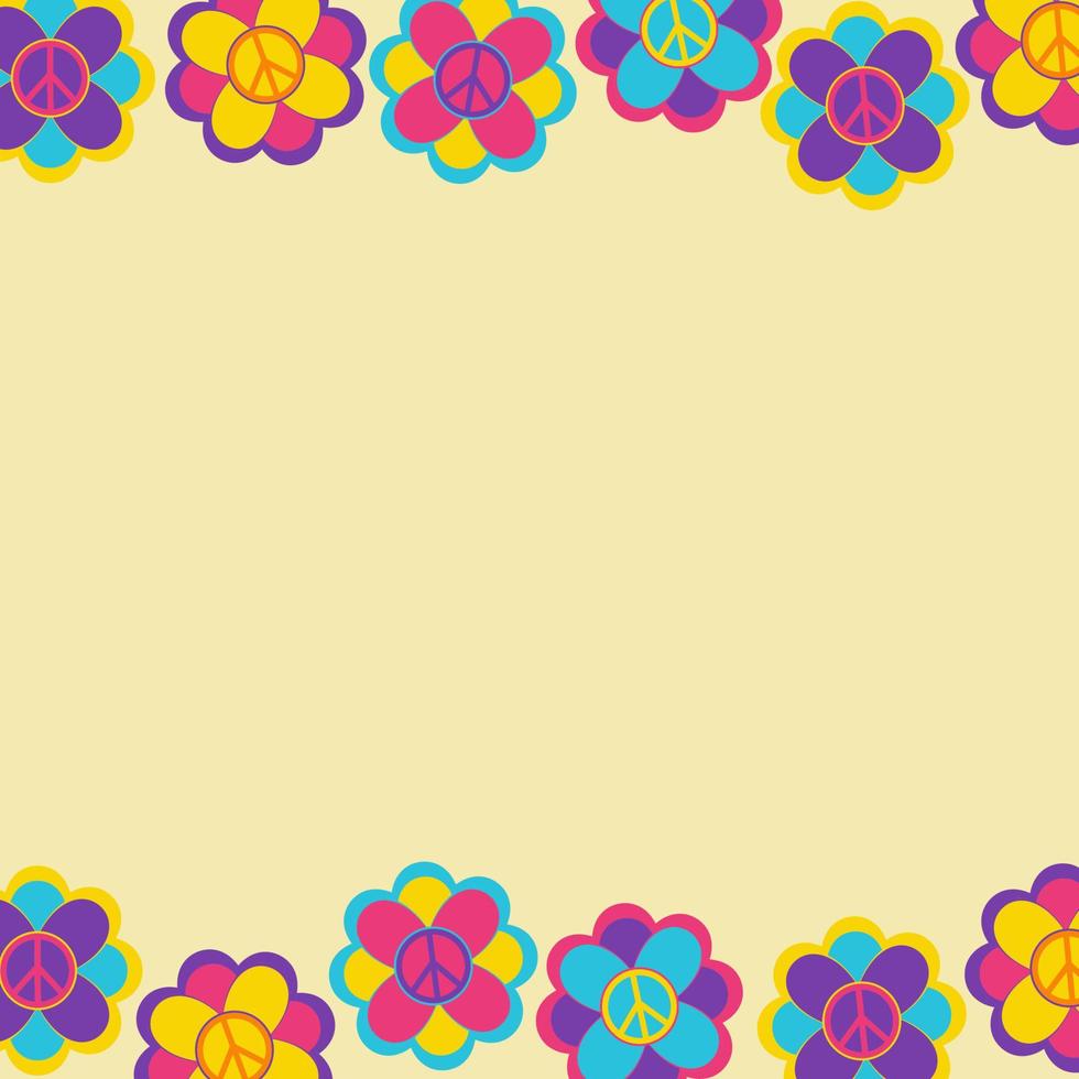 marco, telón de fondo al estilo de un hippie con signo de paz y flores sobre fondo beige en estilo retro vector