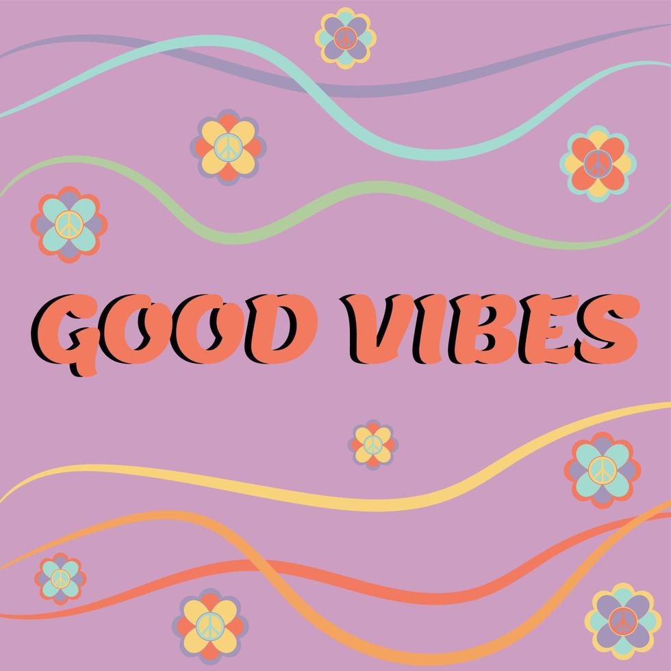 Icon, sticker in hippie style with text Good vibes and flowers,  peace signs on pink background with waves in retro style. vector