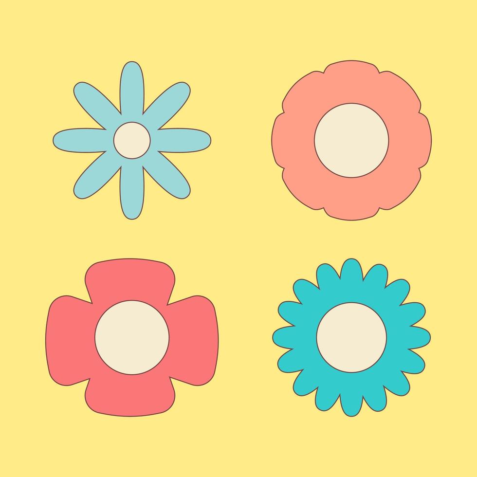 conjunto de flores con un trazo, al estilo de un hippie sobre un fondo amarillo. vector