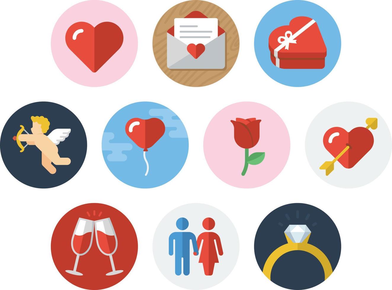 conjunto de iconos de insignia de círculo plano del día de san valentín con iconos relacionados con el amor vector