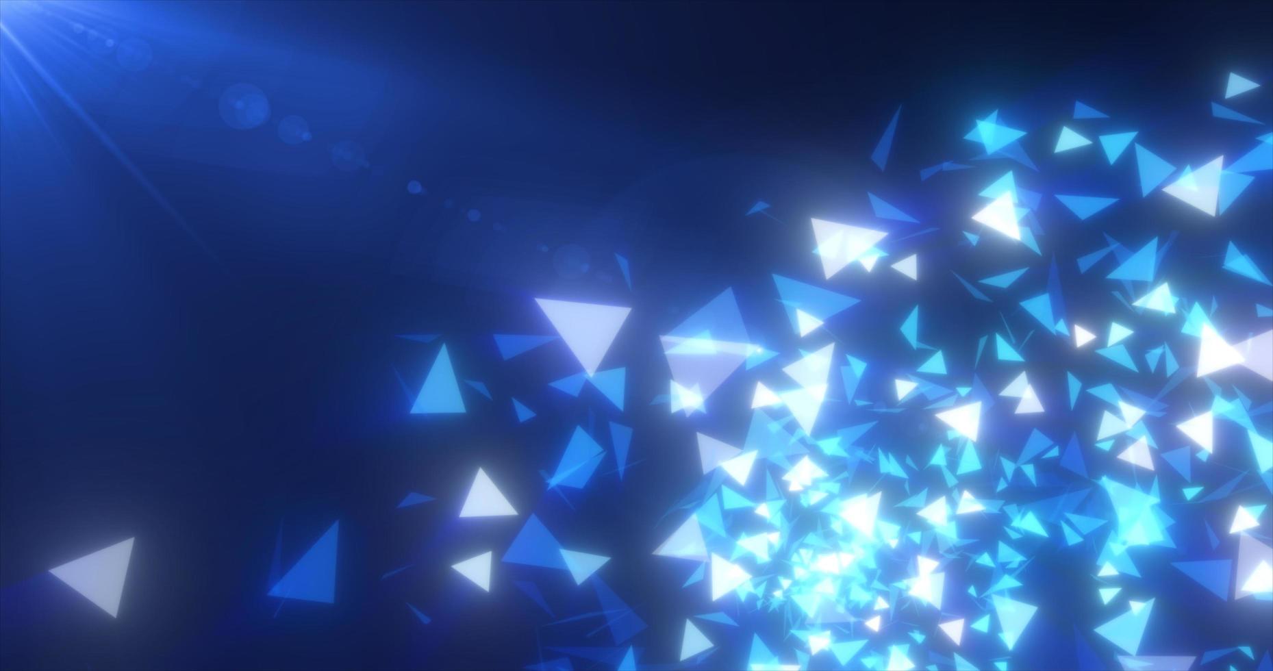 Abstract flying small blue luminous fragments bright glass triangles particles shiny energetic magical on a dark background. Abstract background photo