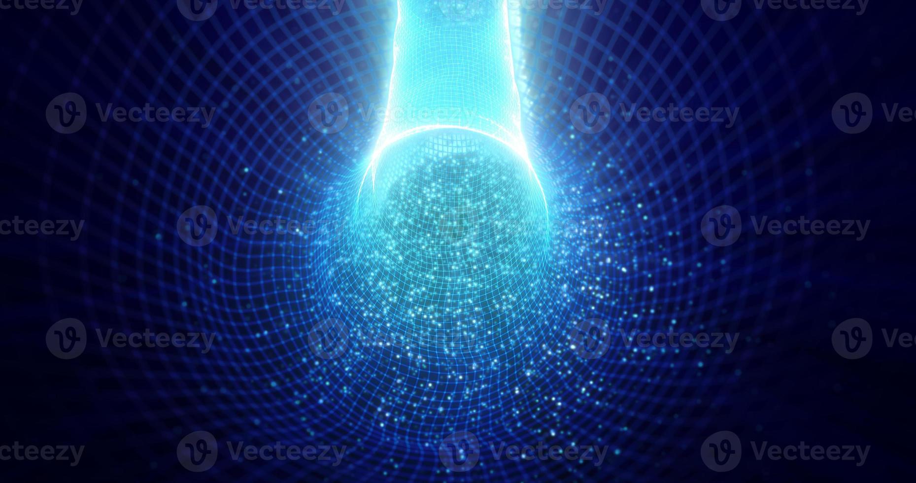 Abstract tunnel blue futuristic from a grid of lines and dots of particles of triangles shiny hi-tech effect of glowing sun rays and blur background, screensaver photo