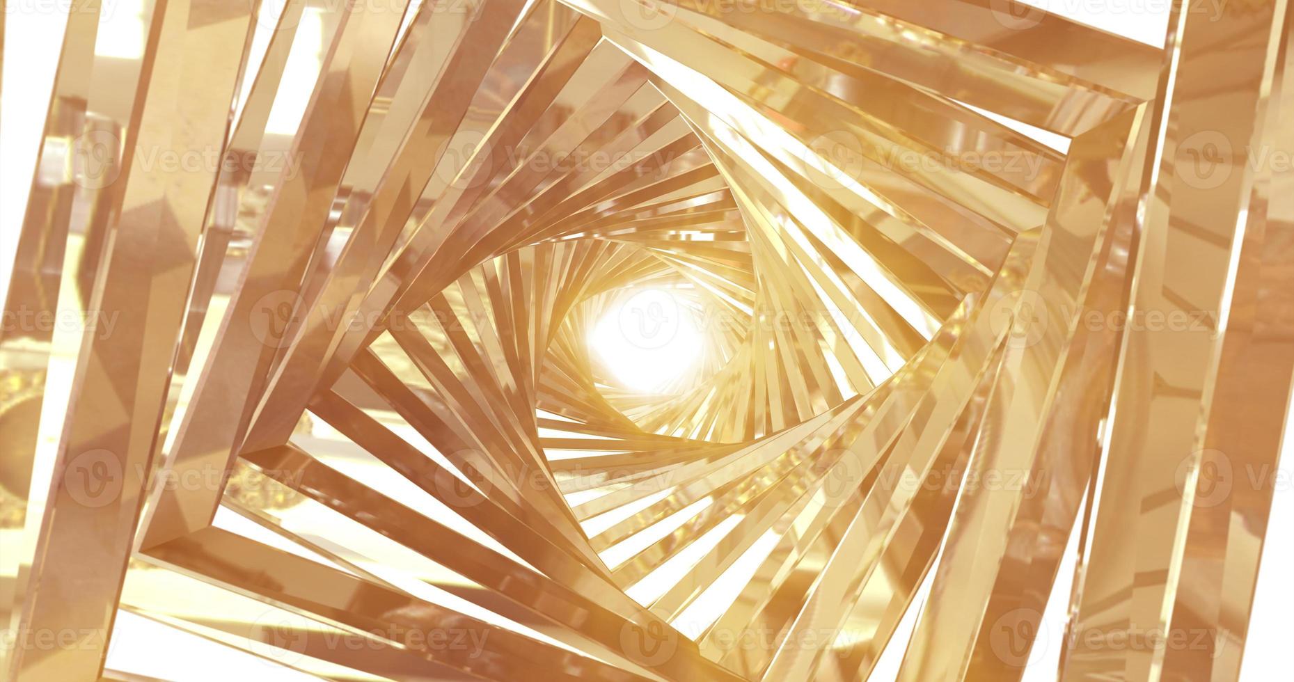 A spinning golden metal tunnel with walls of ribs and lines in the shape of a square with reflections of luminous sunbeams. Abstract background photo