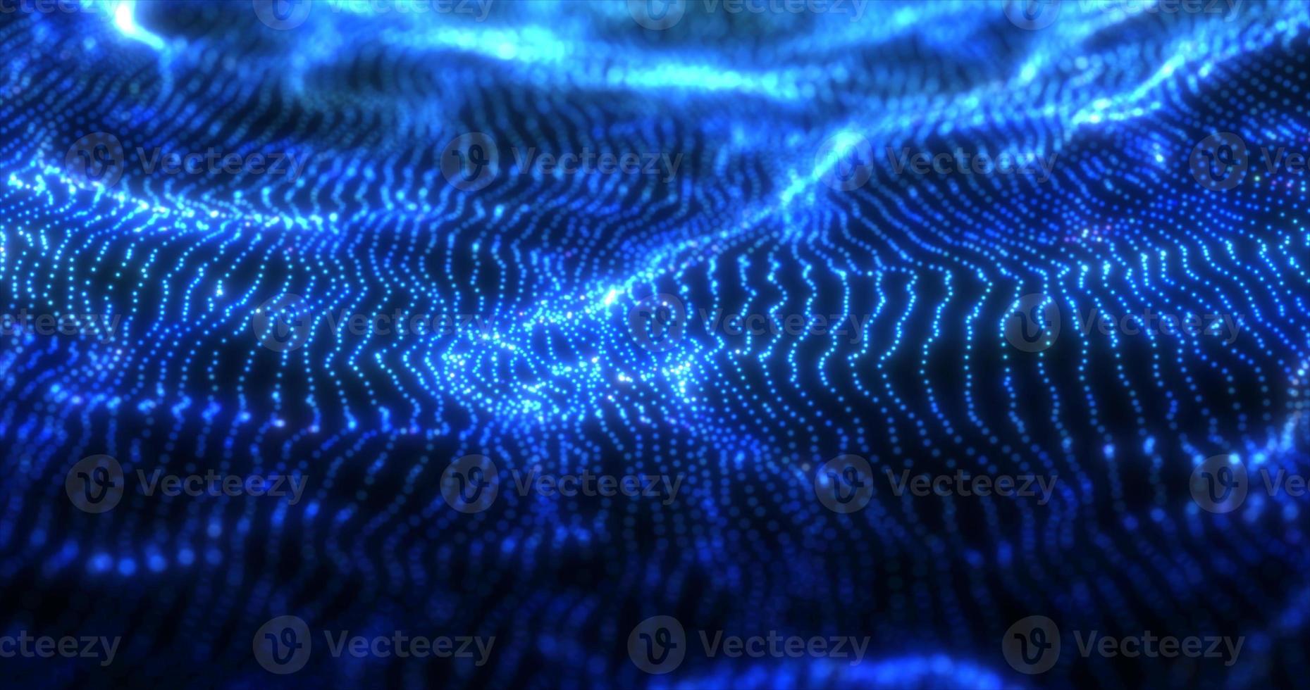 Abstract blue futuristic waves from a grid of particles lines glowing bright shiny neon digital magical energy on a dark background. Abstract background photo