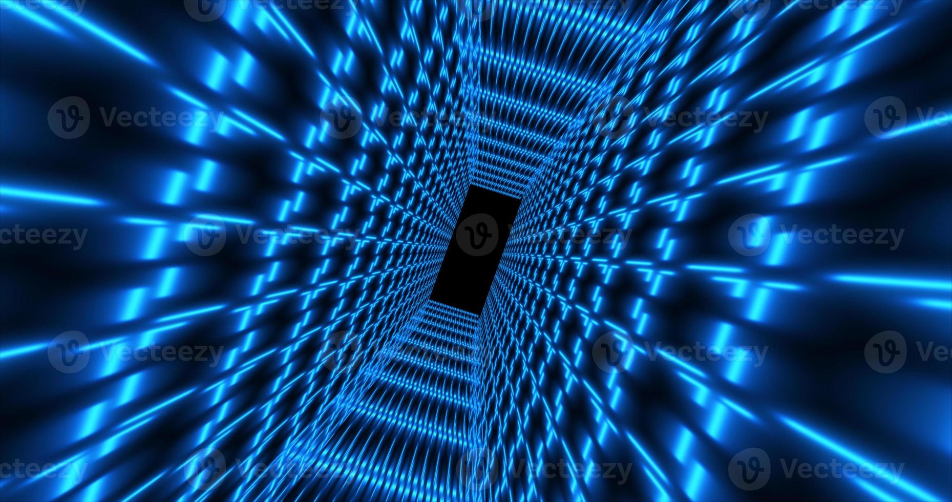 Abstract blue futuristic tunnel square rectangular grid of glowing neon lines digital beautiful magical energy on a dark background. Abstract background photo