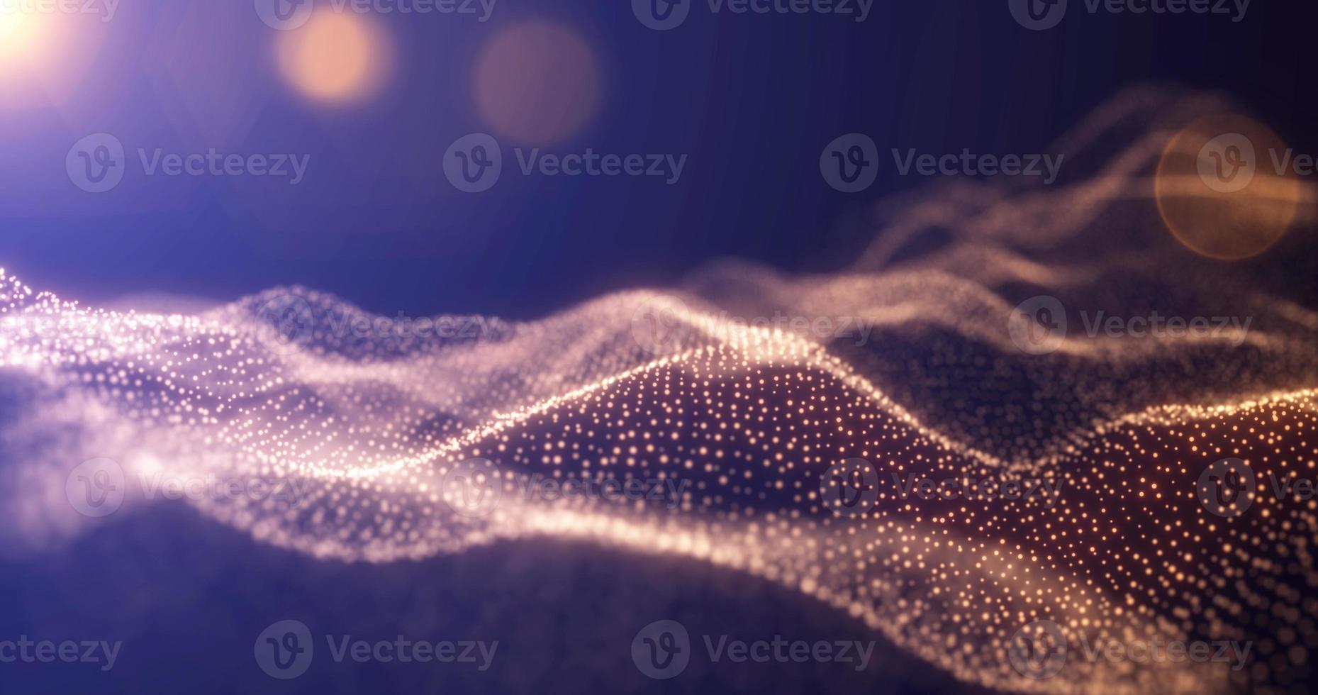 Abstract waves from particles and lines of yellow gold futuristic beautiful flying glowing magical energy with sun rays and blur effect. Abstract background photo