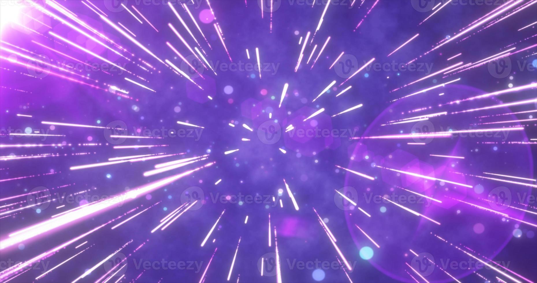 Abstract purple flying stars bright glowing in space with particles and magical energy lines in a tunnel in open space with sun rays. Abstract background photo