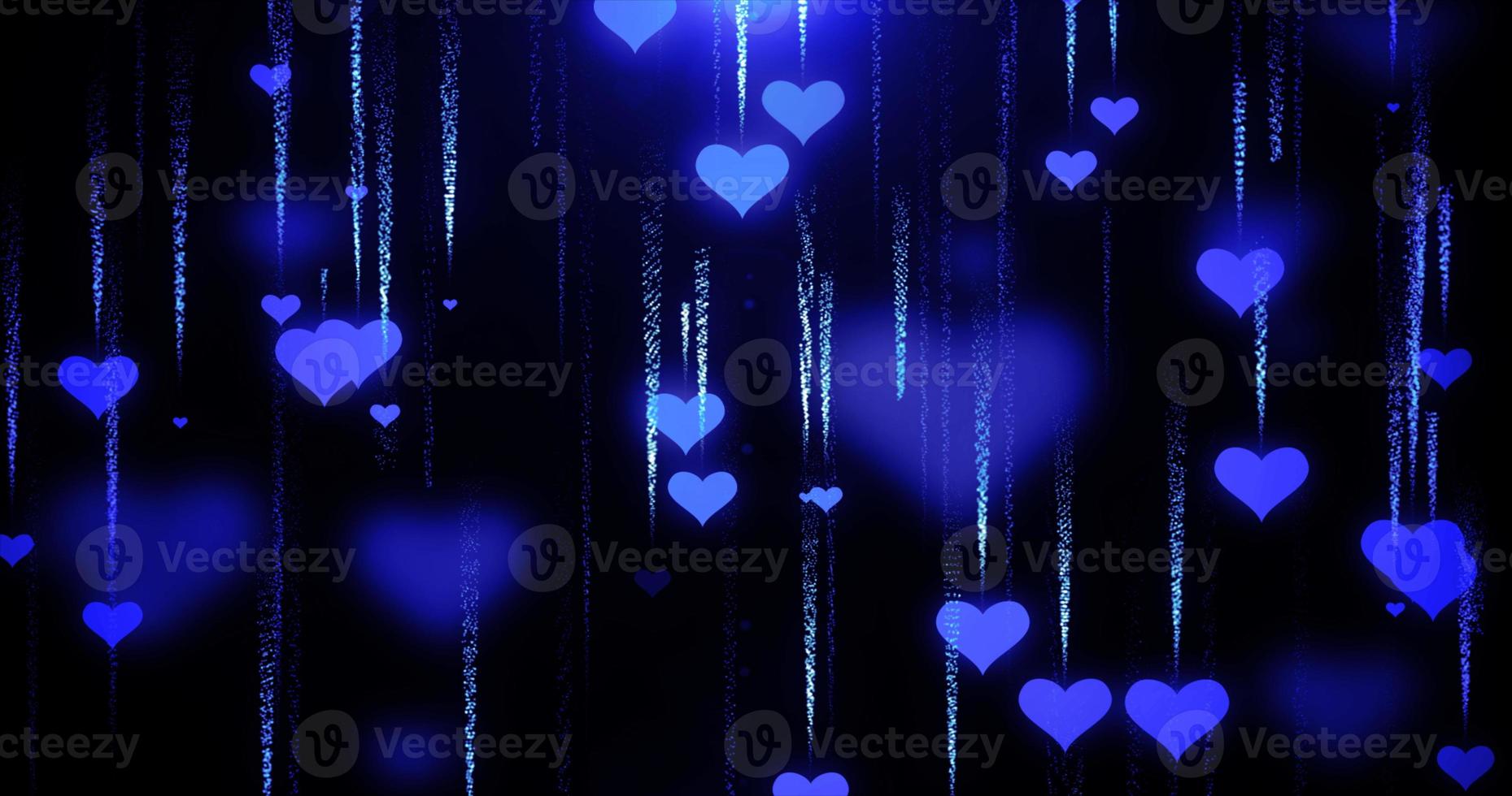 Festive blue love background of hearts flying down with blur and glow effect and particles for Valentine's Day. Abstract background photo