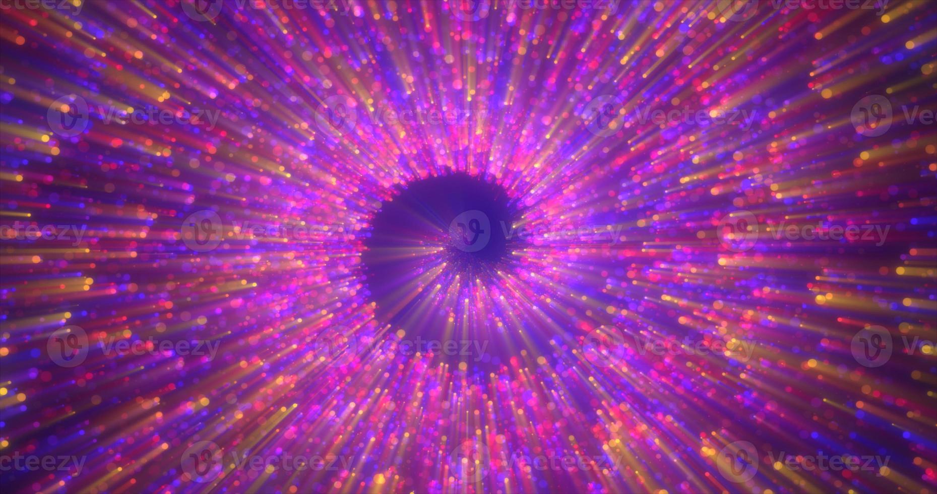 Abstract spiral tunnel of beautiful flying glowing magical particles bokeh circles of multicolored purple energy on a dark background. Abstract background photo