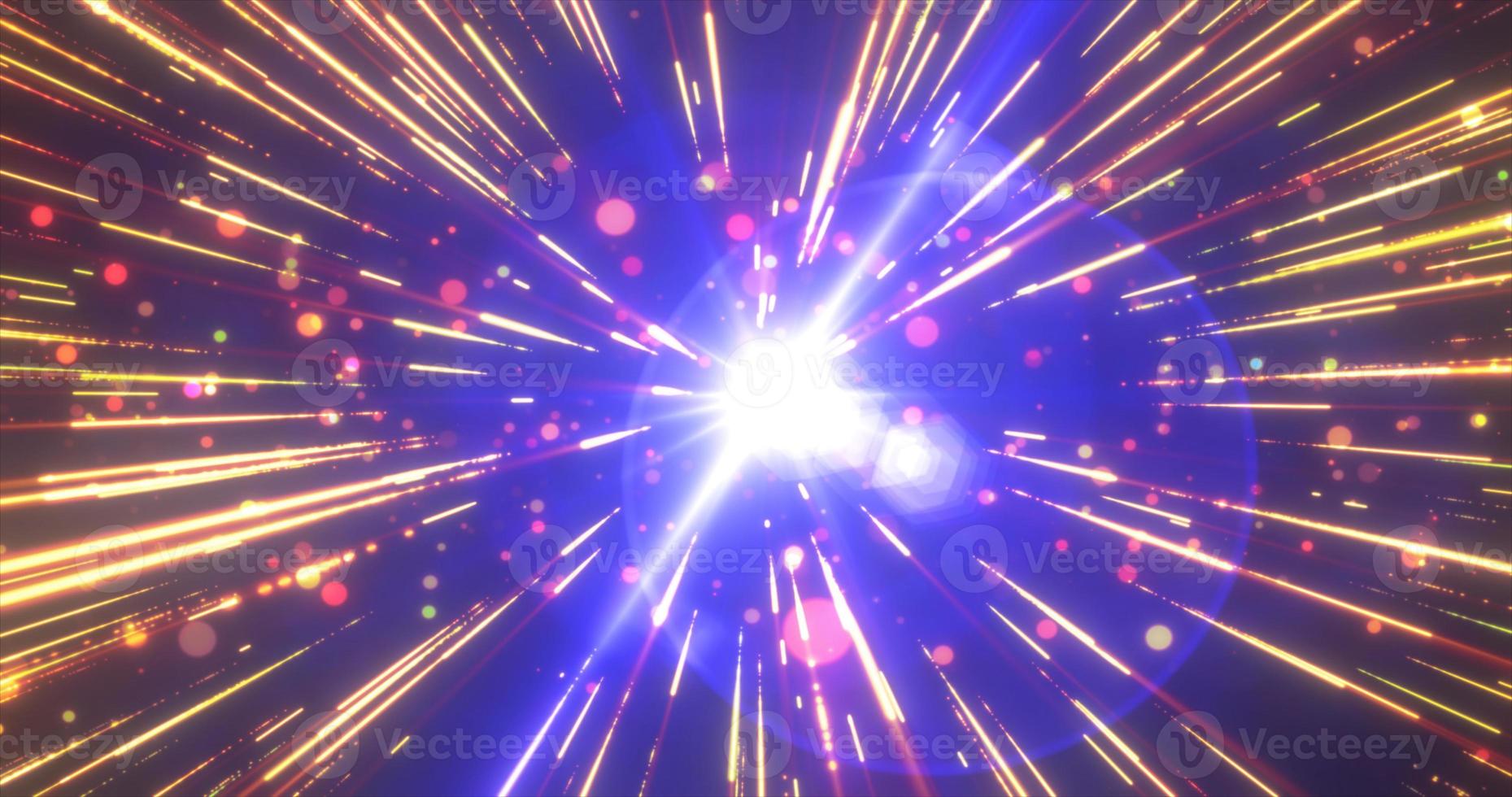 Abstract blue yellow flying stars bright glowing in space with particles and magical energy lines in a tunnel in open space with sun rays. Abstract background. photo