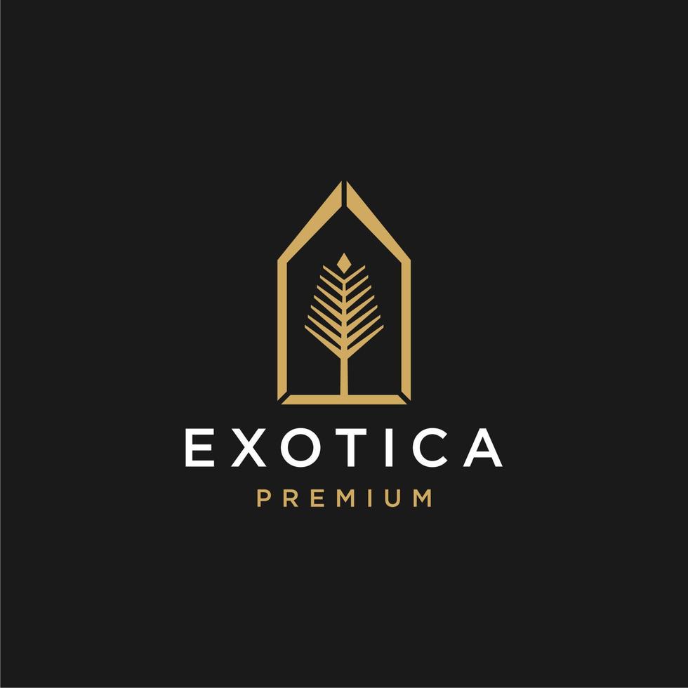 palm tree golden house logo, tropical leaf with niche arch logo vector icon illustration in Geometric minimal line style for holiday hotel vacation business