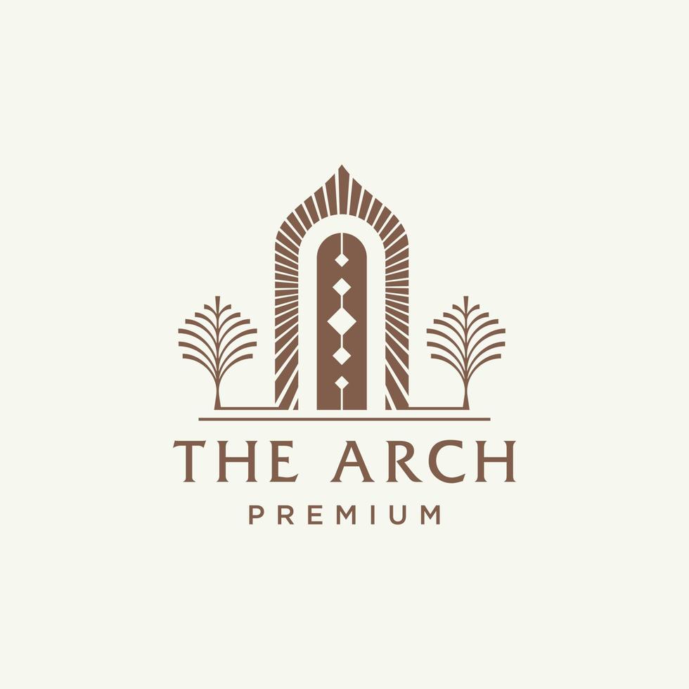 mystic doorway logo, antique arch architecture entrance and stairway icon, with door, window and palm trees in contemporary aesthetic boho style vector