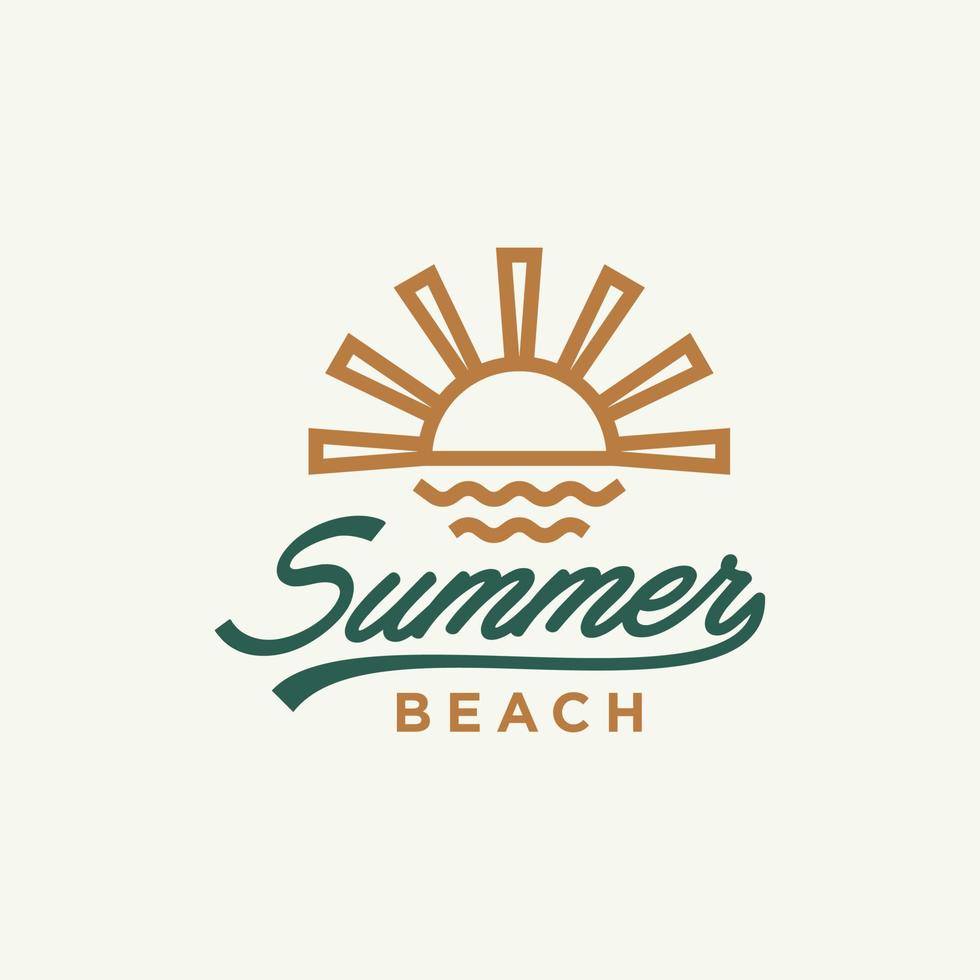 logotipo de sol de verano, amanecer de puesta de sol con vector de icono de logotipo de agua de mar de playa océano en línea de moda lineal, vector de logotipo de contorno abstracto para hotel o spa