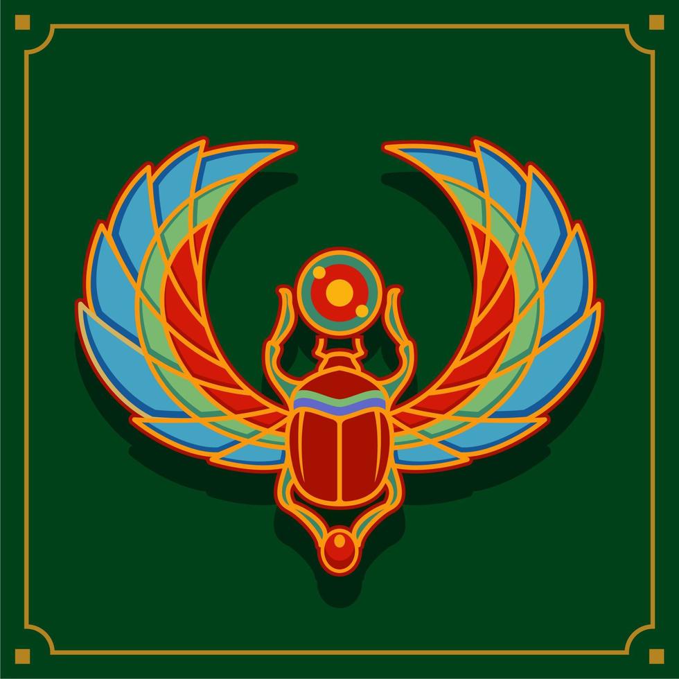 egyptian sacred Scarab wall art design. beetle with wings Vector illustration logo, personifying the god Khepri. Symbol of the ancient Egyptians. symbol of rebirth and renewal to ancient Egyptians