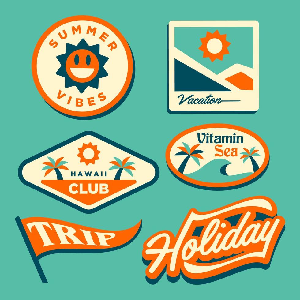 colección de pegatinas de viajes de verano de los años 70. etiquetas de verano. fiesta en la playa, vibraciones de verano. Diseños de logotipos retro de la década de 1970. estampados maravillosos para camisetas, tipografía. plantillas de emblemas vectoriales de verano. vector