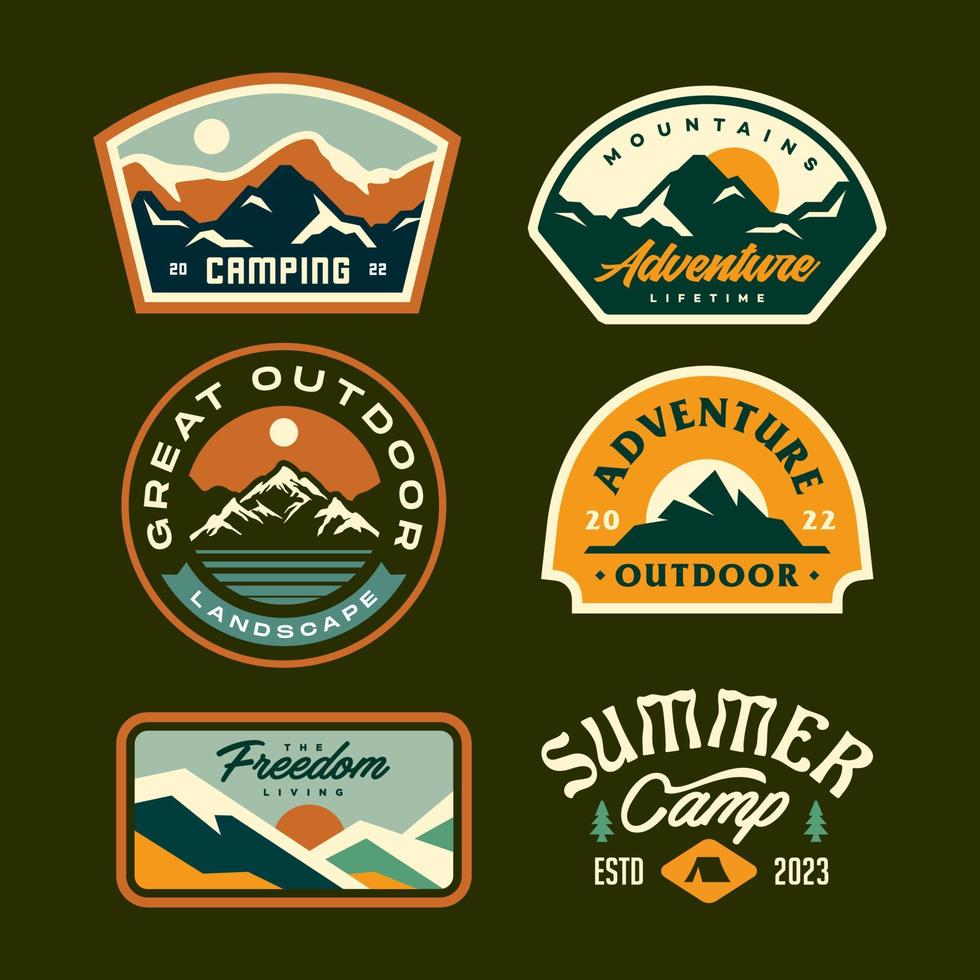 colorful mountain adventure badges. Set of Vintage Outdoor mountains Summer Camp Logo Patches. vector emblem designs. Great for shirts, stamps, stickers logos and labels.