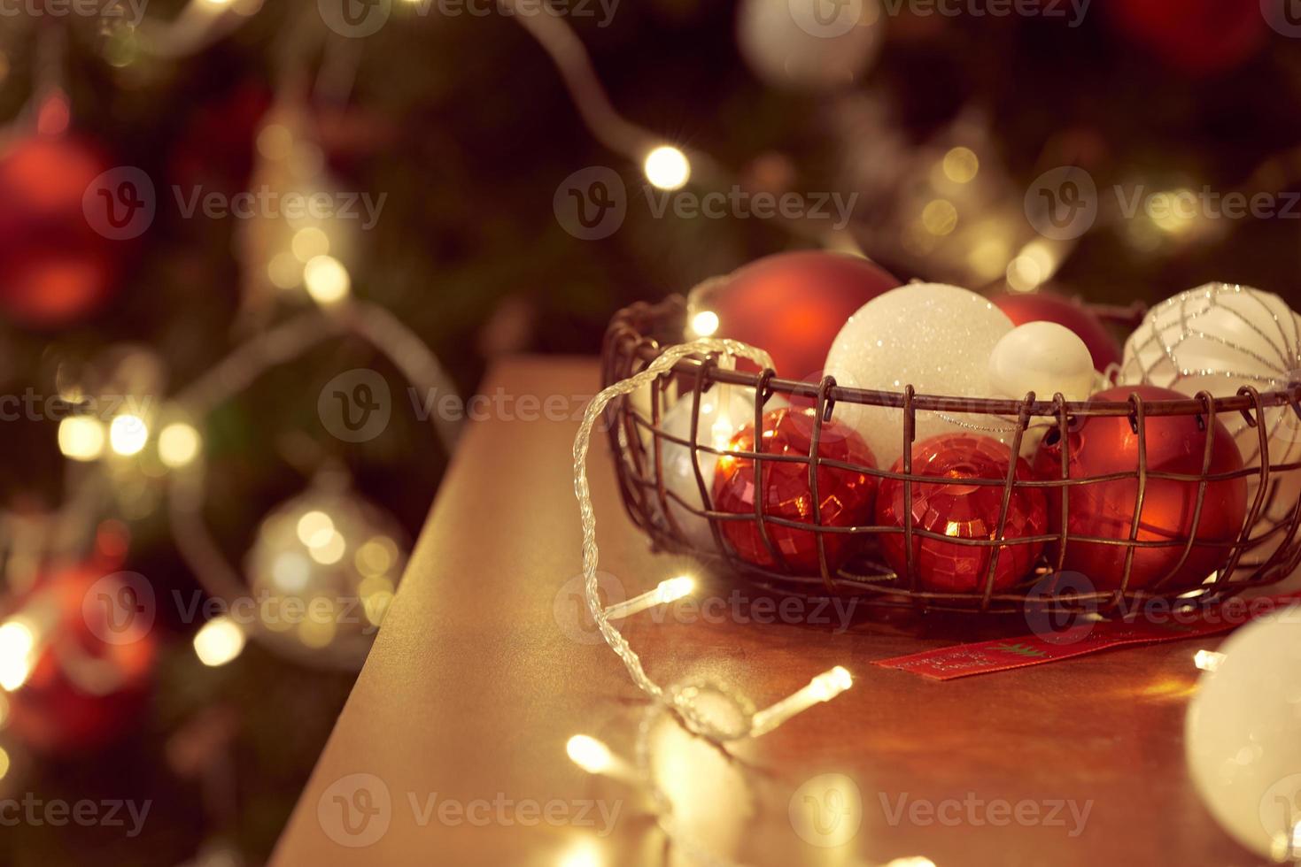 Christmas decorations and objects in red and gold for mock up template design.View from above photo