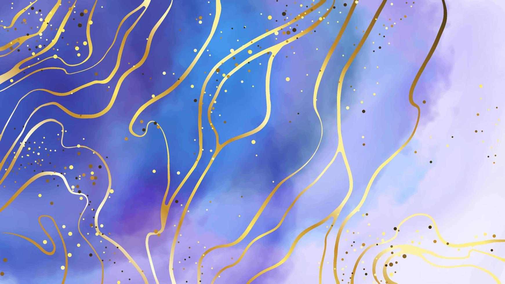Hand-painted blue watercolor background. Aesthetic ink painting with the golden texture vector