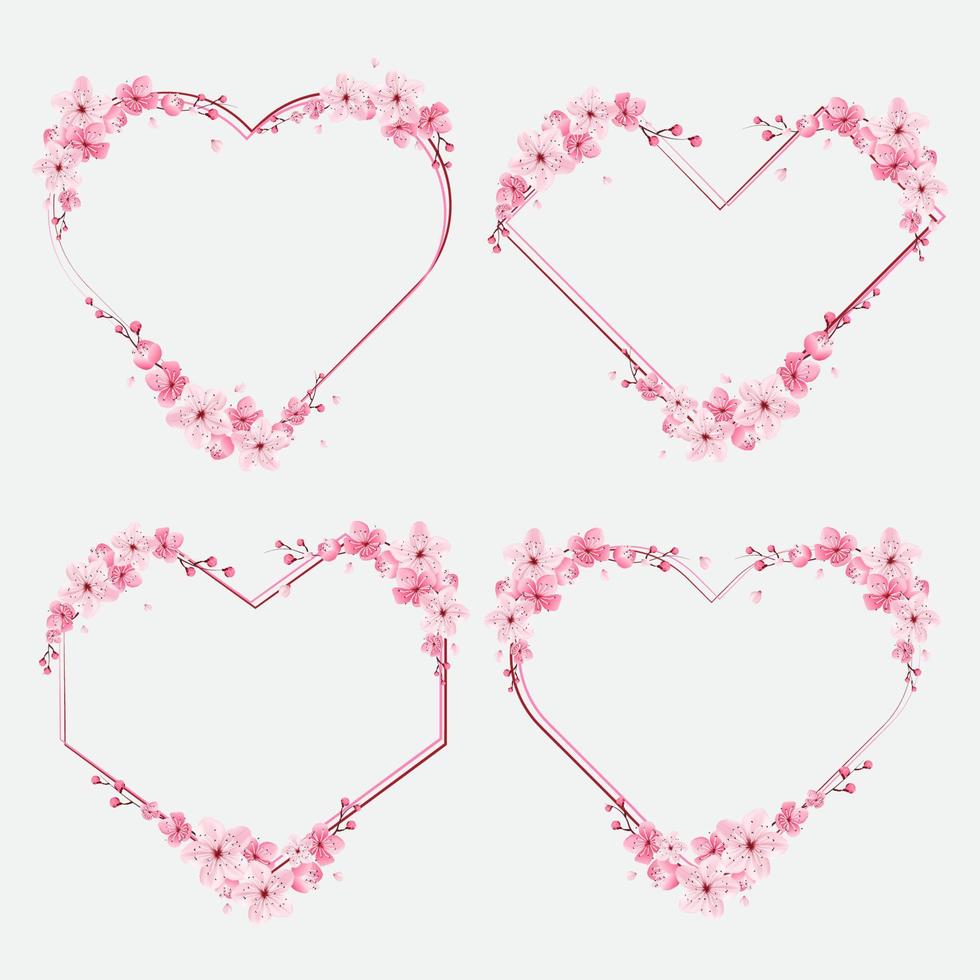 borde de flores de cerezo, flor de marco de plantilla, forma de corazón, ilustración de vector de sakura