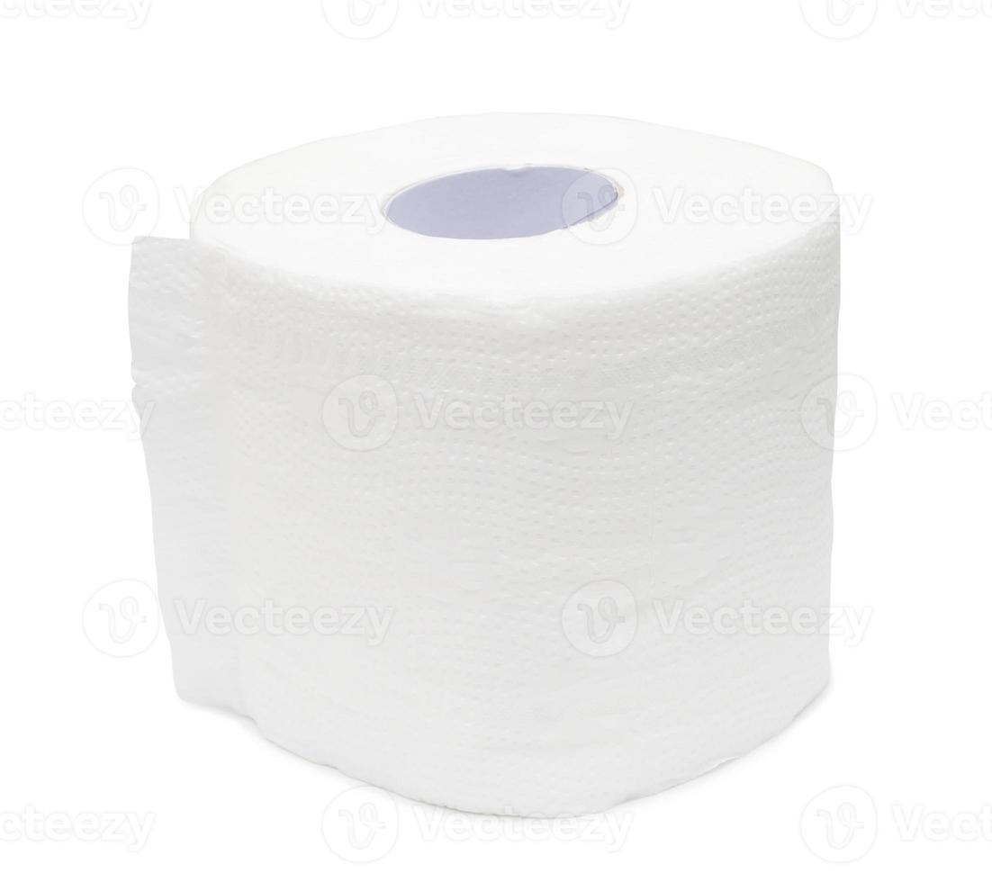 Close up photo of single roll of white tissue paper or napkin prepared for use in toilet or restroom isolated on white background with clipping path