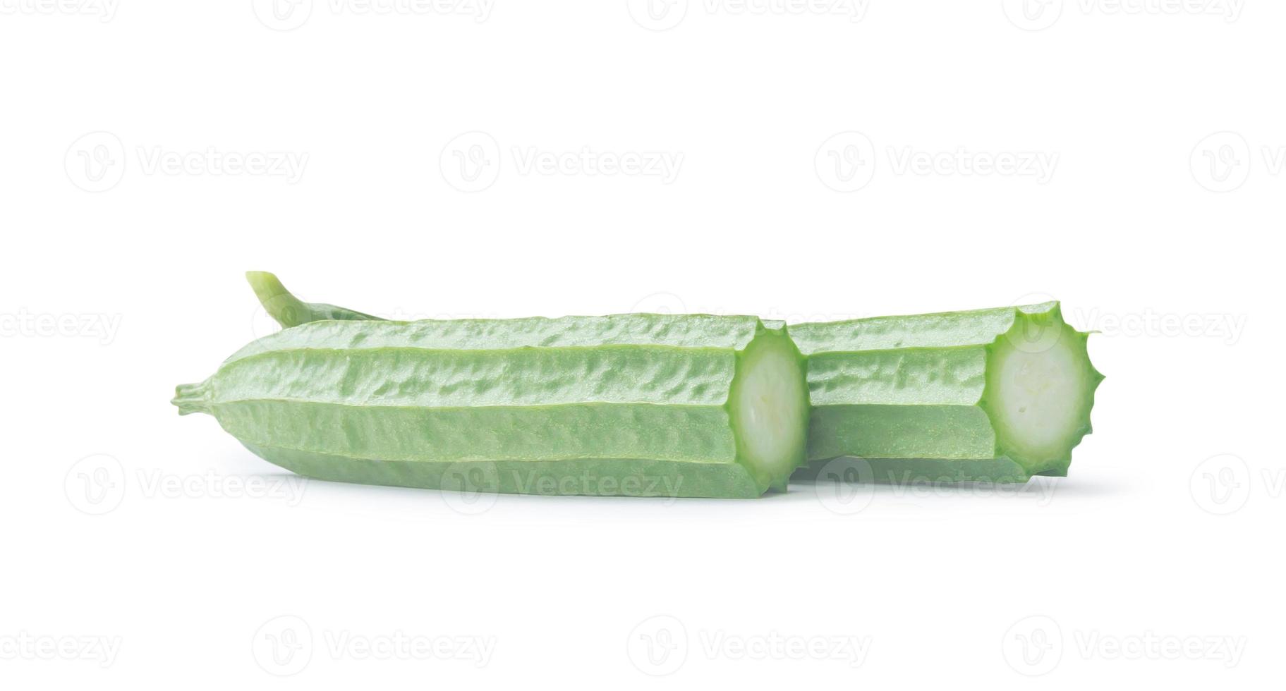 Two fresh green sponge gourd fruits sliced isolated on white bac photo