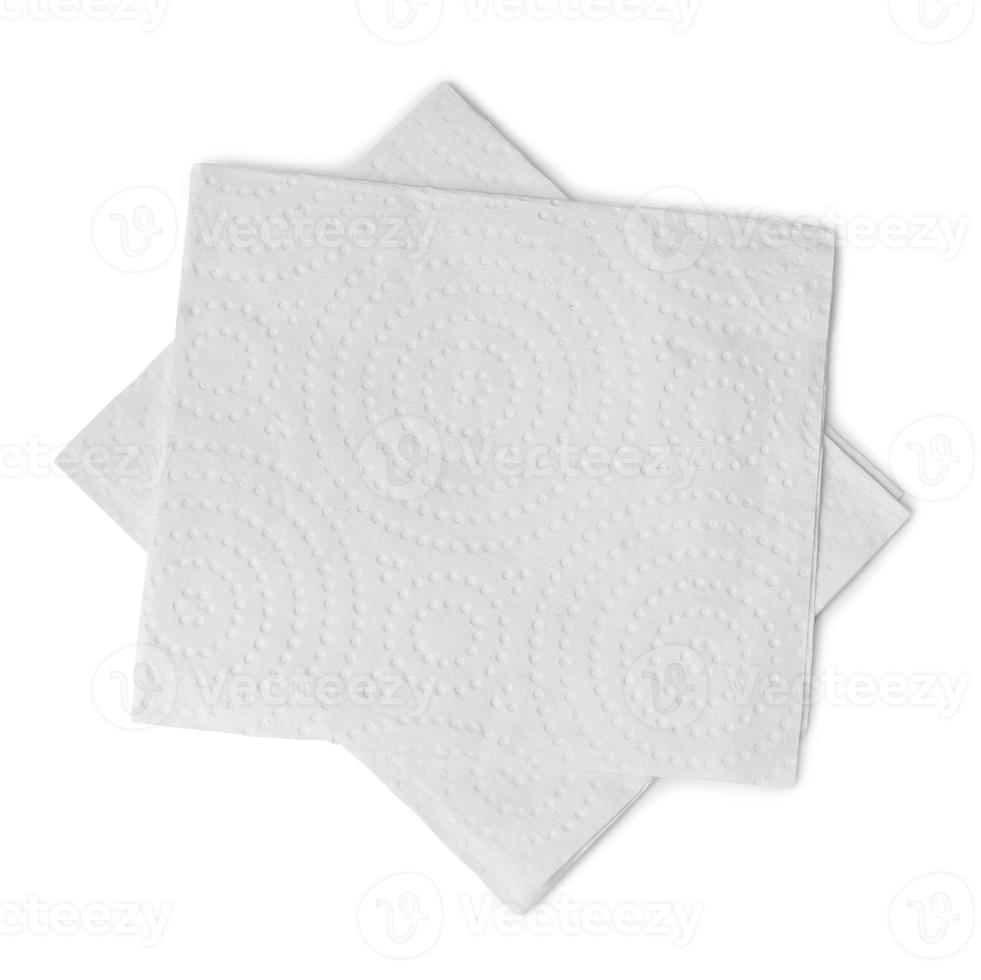 Two folded pieces of white tissue paper or napkin in stack tidily prepared for use in toilet or restroom isolated on white background with clipping path photo