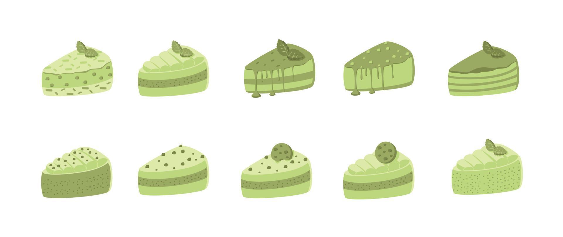 set of matcha cake with matcha chip, cookie topping and whip cream vector