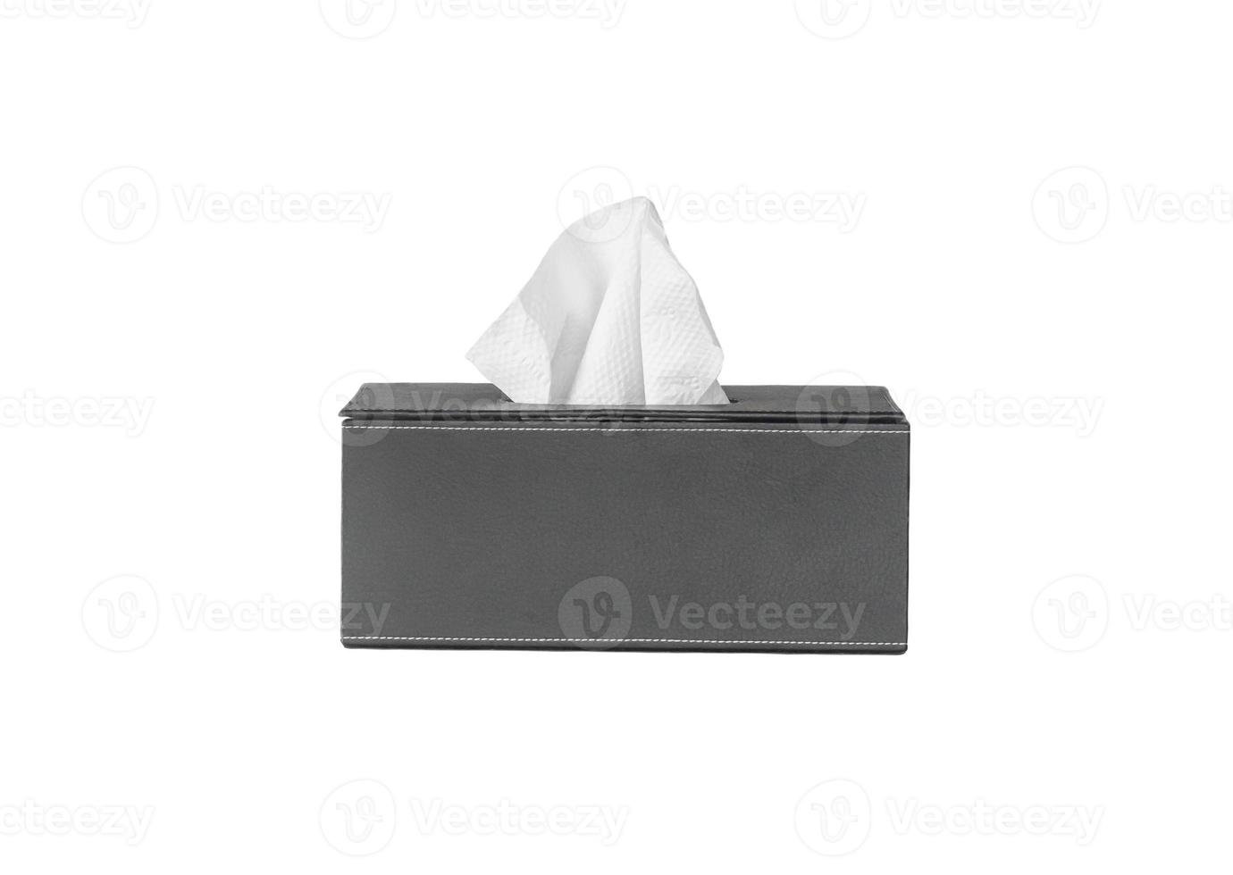 Tissue paper in hard black case, container or box isolated on white background photo