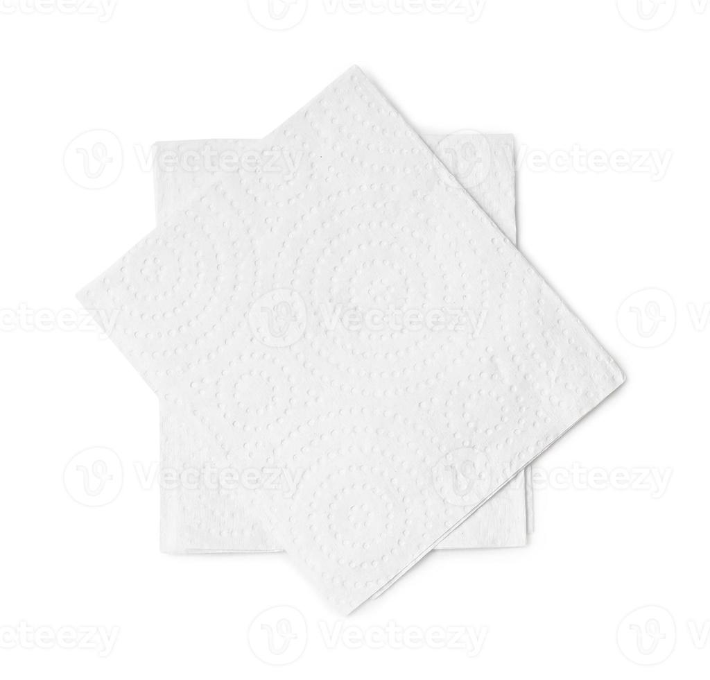 Two folded pieces of white tissue paper or napkin in stack tidily prepared for use in toilet or restroom isolated on white background with clipping path photo