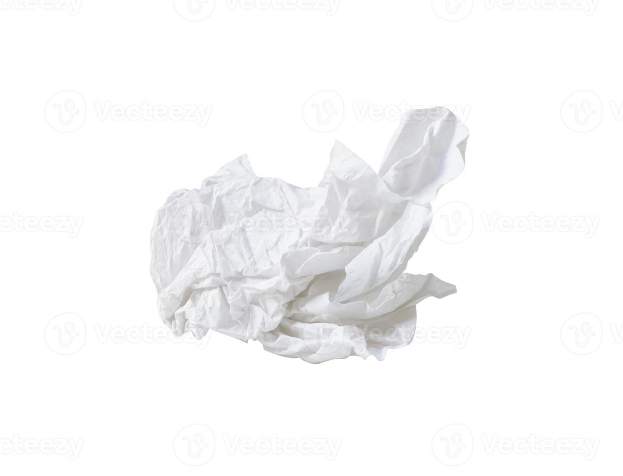 Single white screwed or crumpled tissue paper or napkin in strange shape after use in toilet or restroom isolated on white background with clipping path photo