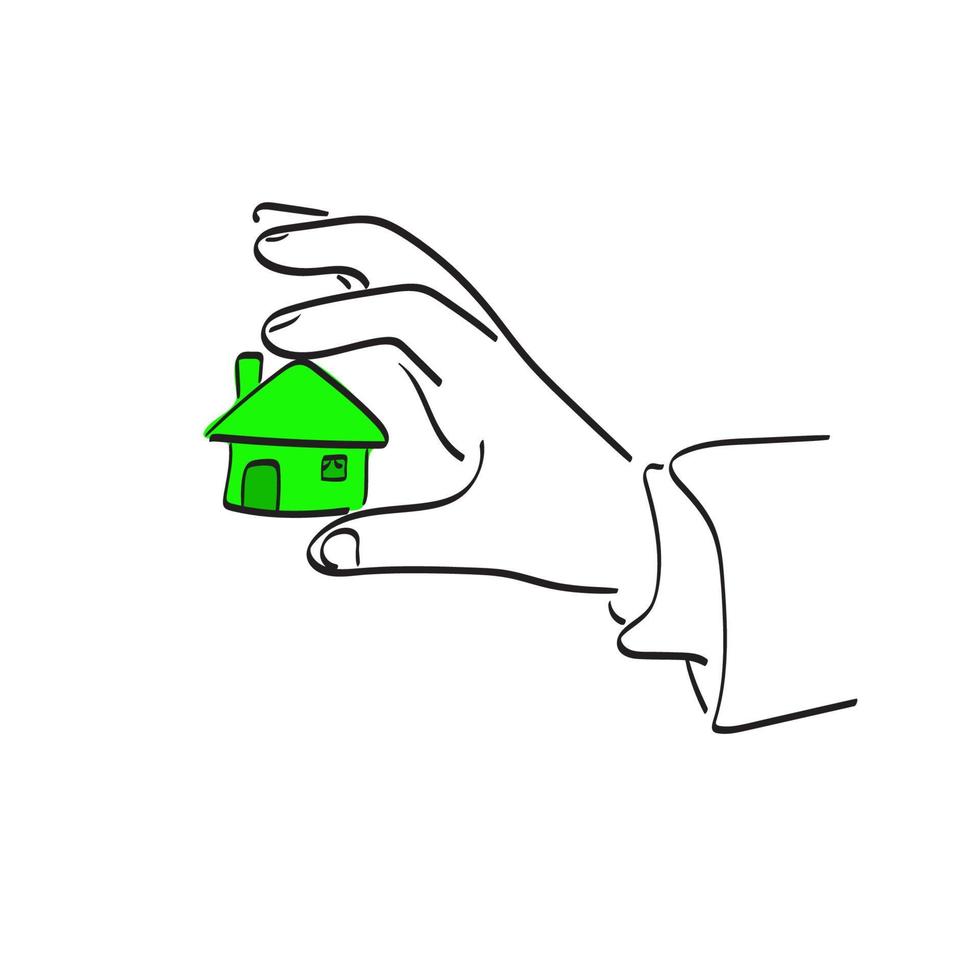 línea arte primer plano mano de hombre de negocios sosteniendo pequeña casa verde ilustración vector dibujado a mano aislado sobre fondo blanco