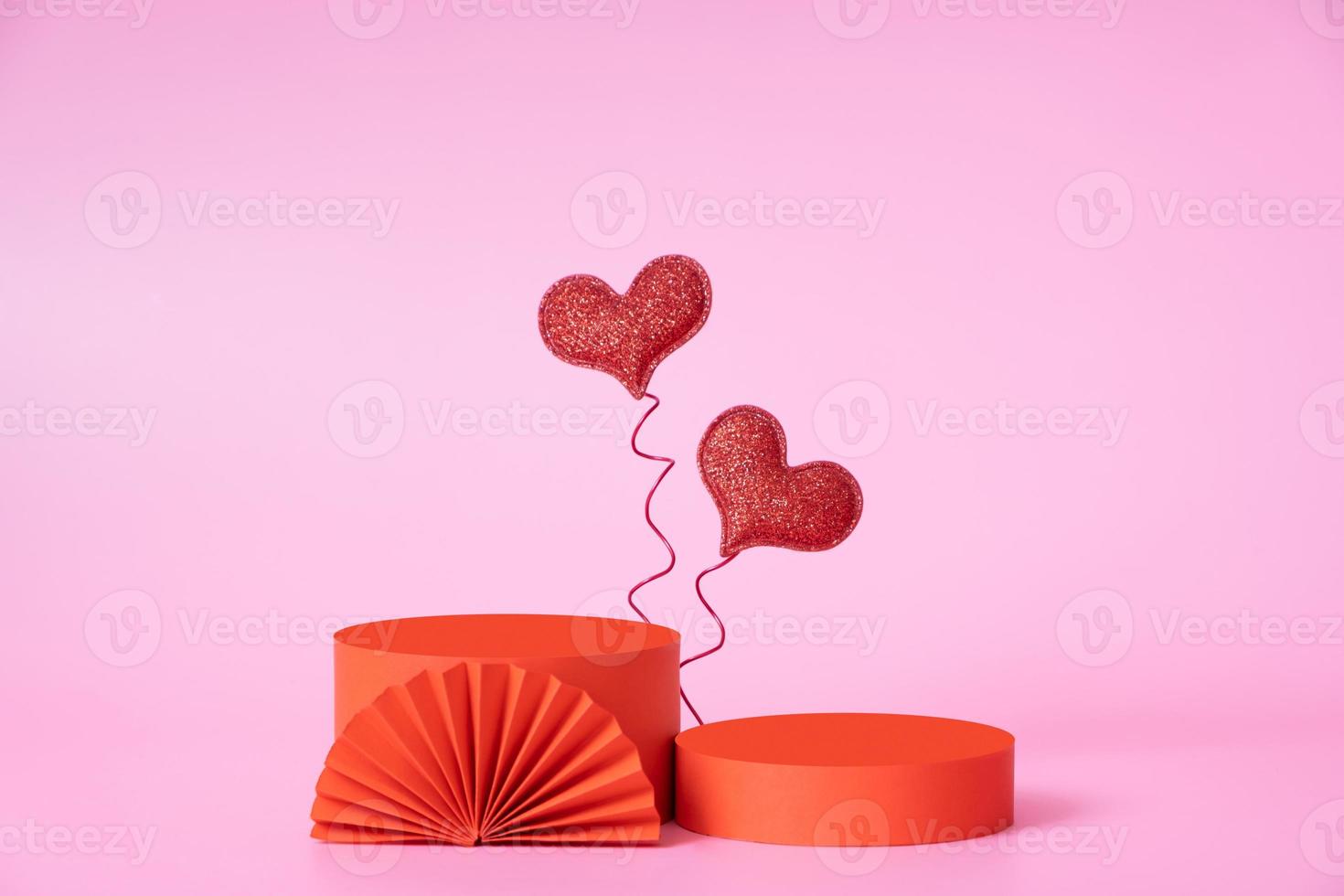 Mock up podium stage or pedestal and hearts symbol love. Decorations to Valentines day for your products photo