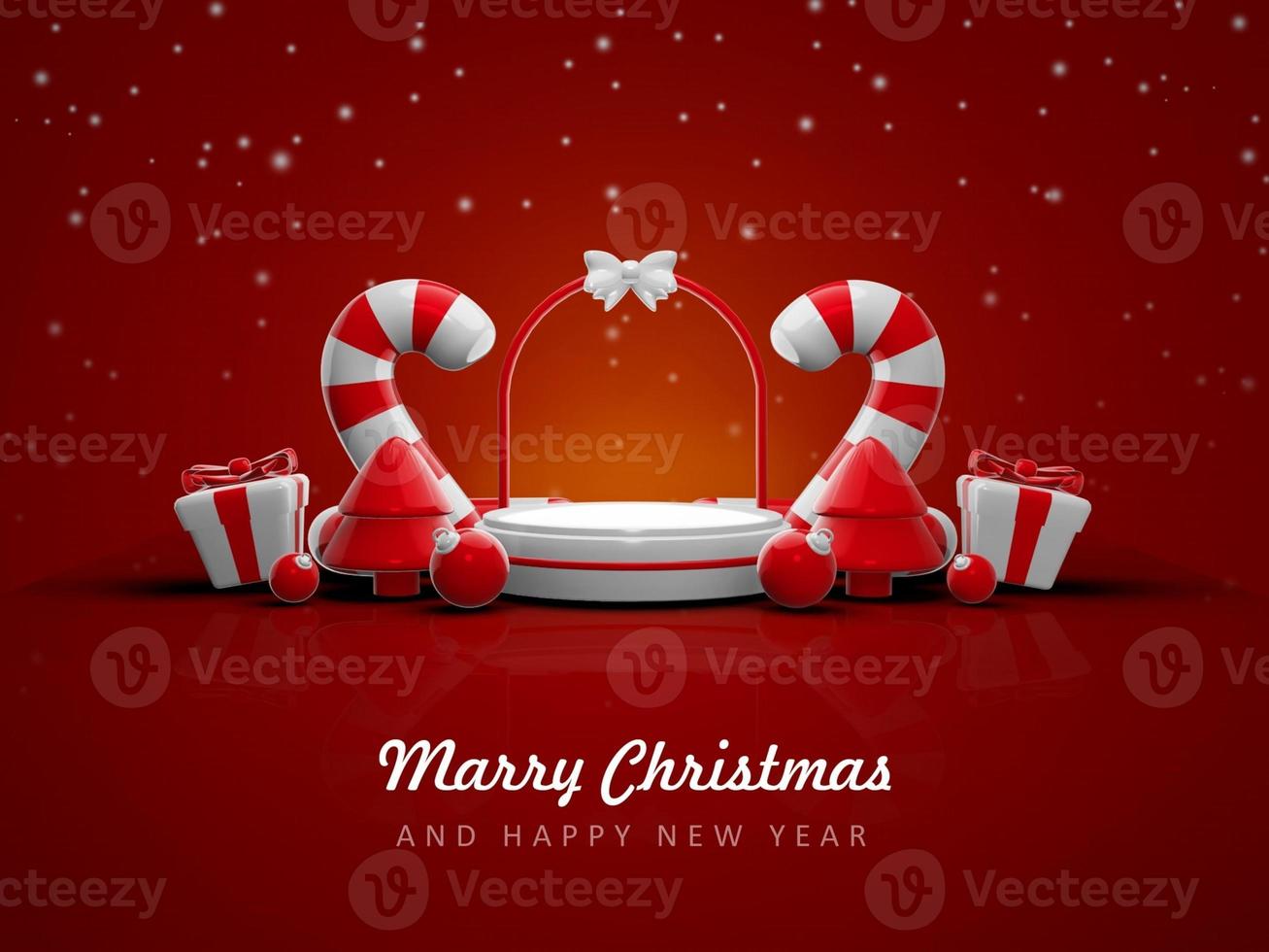 Merry christmas and happy new year with 3d empty podium and christmas ornaments background photo