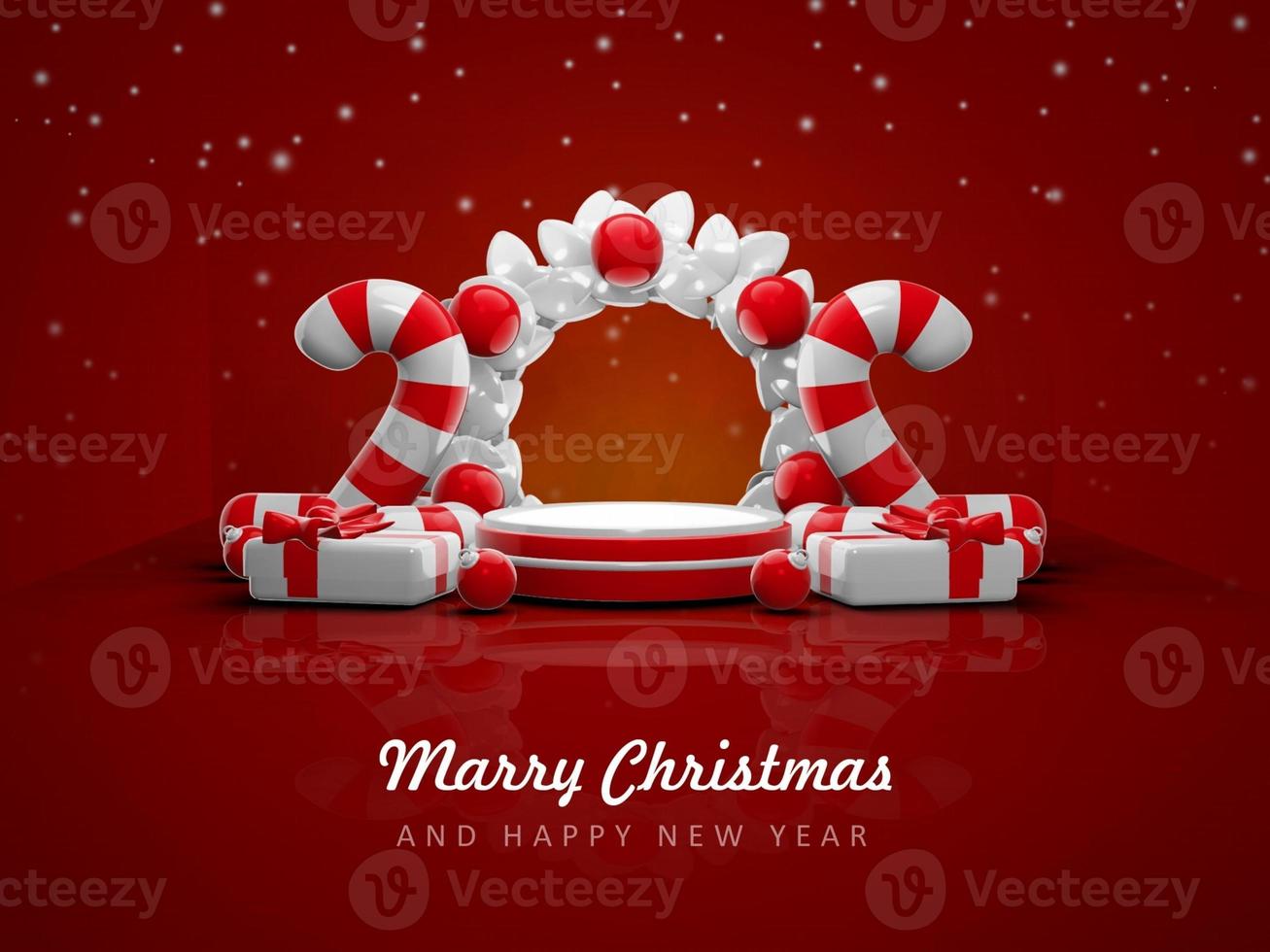 Merry christmas and happy new year with 3d empty podium and christmas ornaments background photo