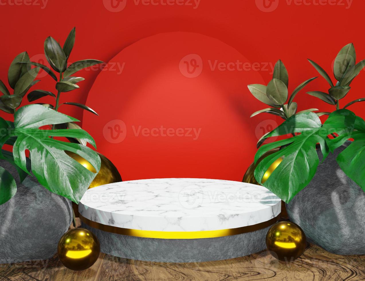 Red Product Display 3D Marble Podium with Nature Minimal Background photo