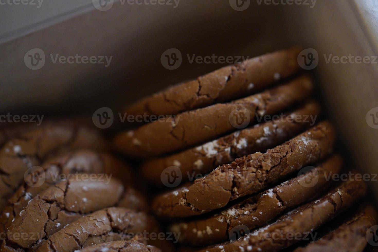 Chocolate cookies, many thin brownie chocolate cookies with salt. photo