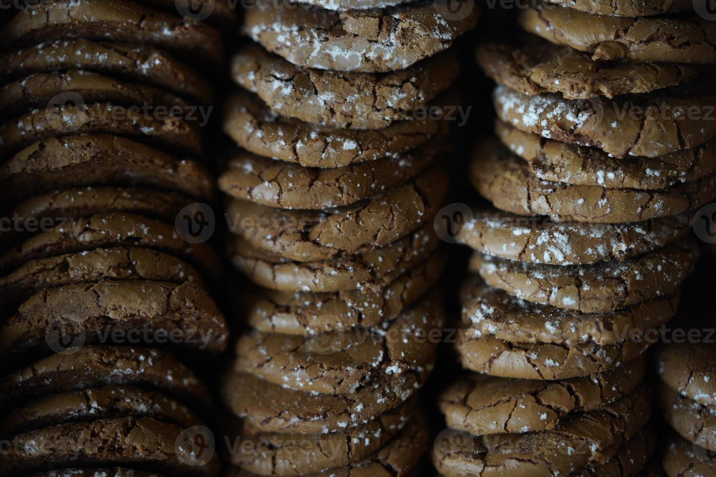 Chocolate cookies, many thin brownie chocolate cookies with salt. photo
