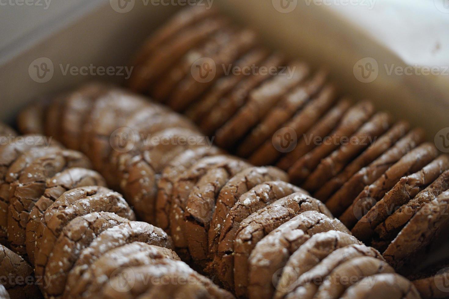 Chocolate cookies, many thin brownie chocolate cookies with salt. photo