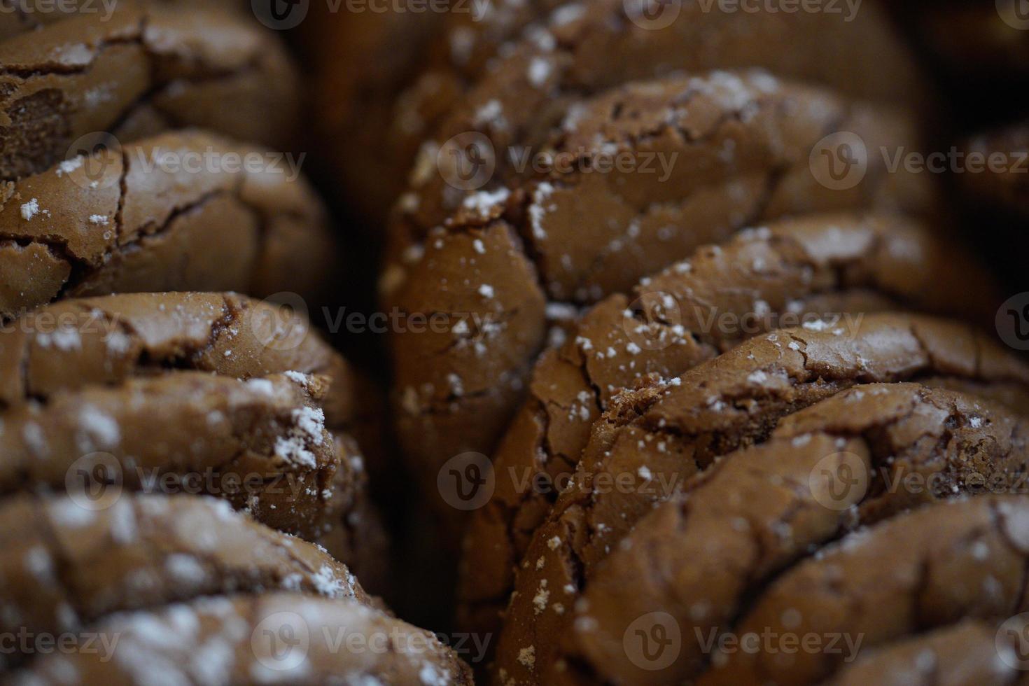 Chocolate cookies, many thin brownie chocolate cookies with salt. photo