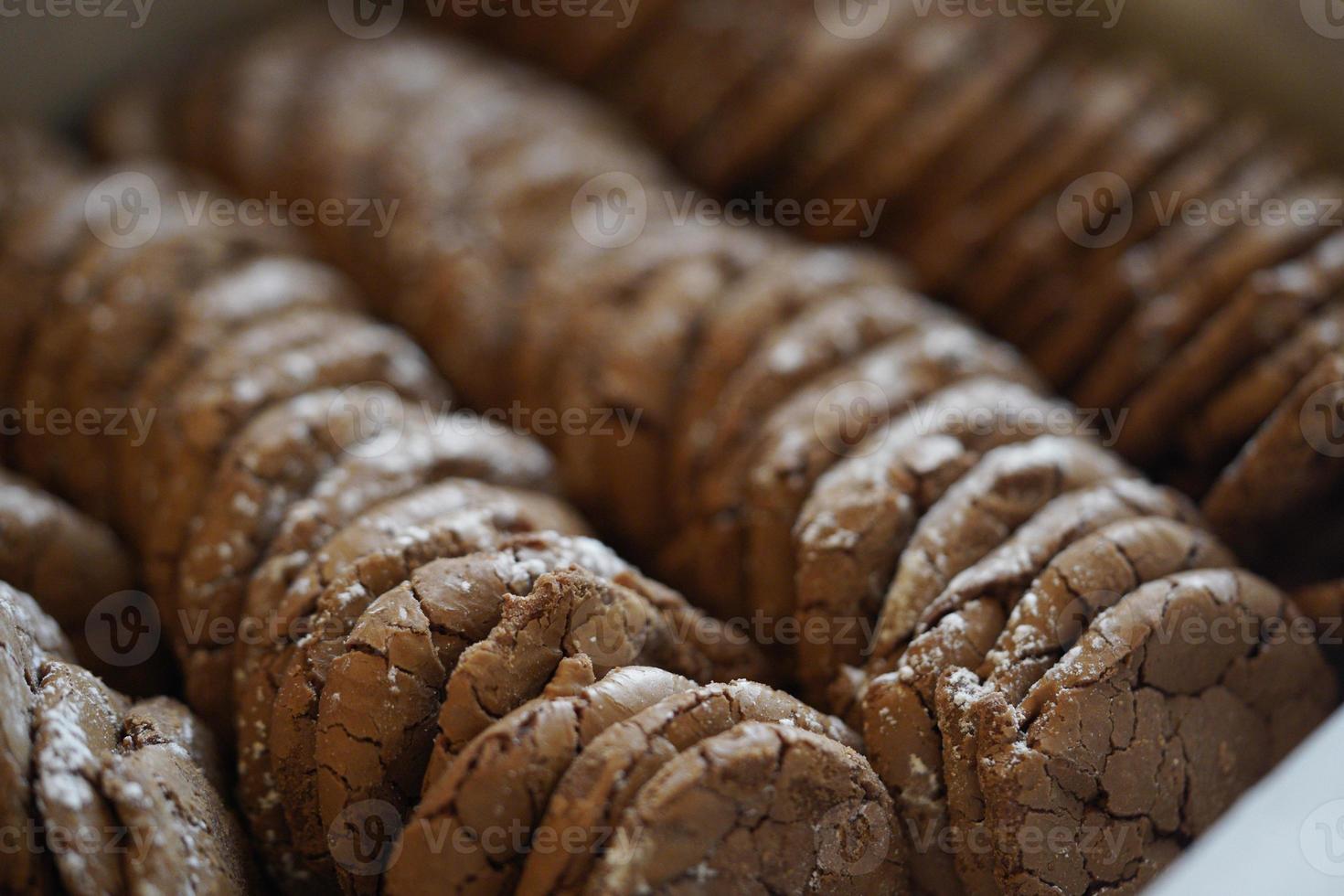 Chocolate cookies, many thin brownie chocolate cookies with salt. photo