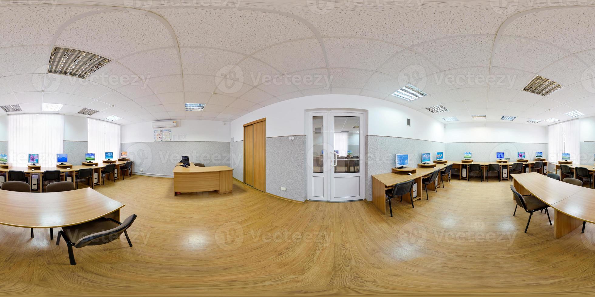 hdr 360 panorama interior old classroom with computers in full spherical equirectangular projection. VR content photo