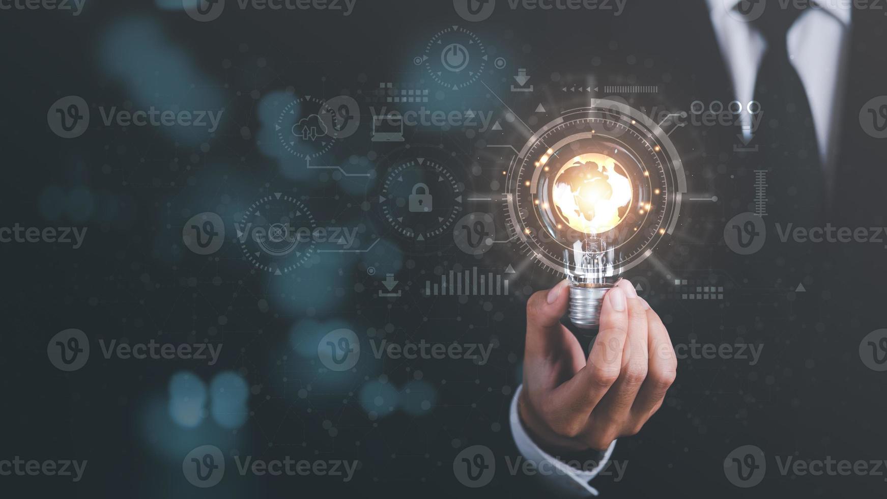 Digital network data connection technology, modern communication with information technology, online backup innovation with highly secured protection, light bulb in businessman hand photo
