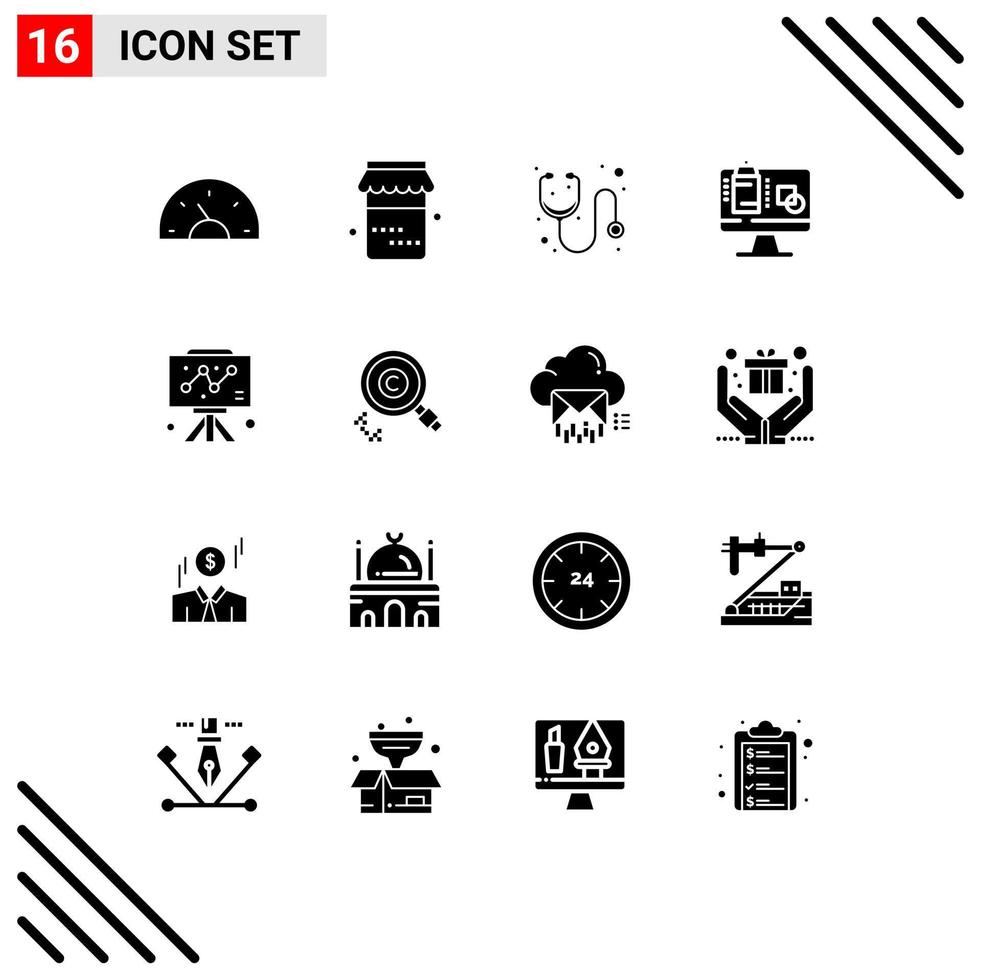 Group of 16 Modern Solid Glyphs Set for business presentation doctor data computer Editable Vector Design Elements