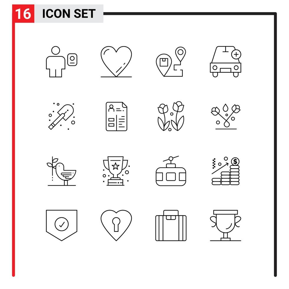 grupo universal de símbolos de iconos de 16 contornos modernos de vehículos más elementos de diseño de vectores editables de envío de automóviles de entrega
