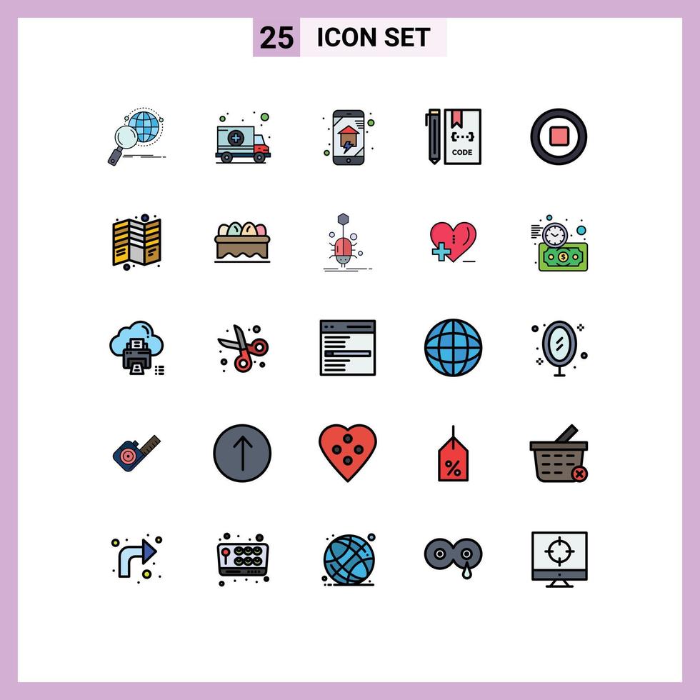 conjunto de 25 paquetes de colores planos de línea rellena comercial para desarrollo codificación código de transporte wifi doméstico elementos de diseño vectorial editables vector