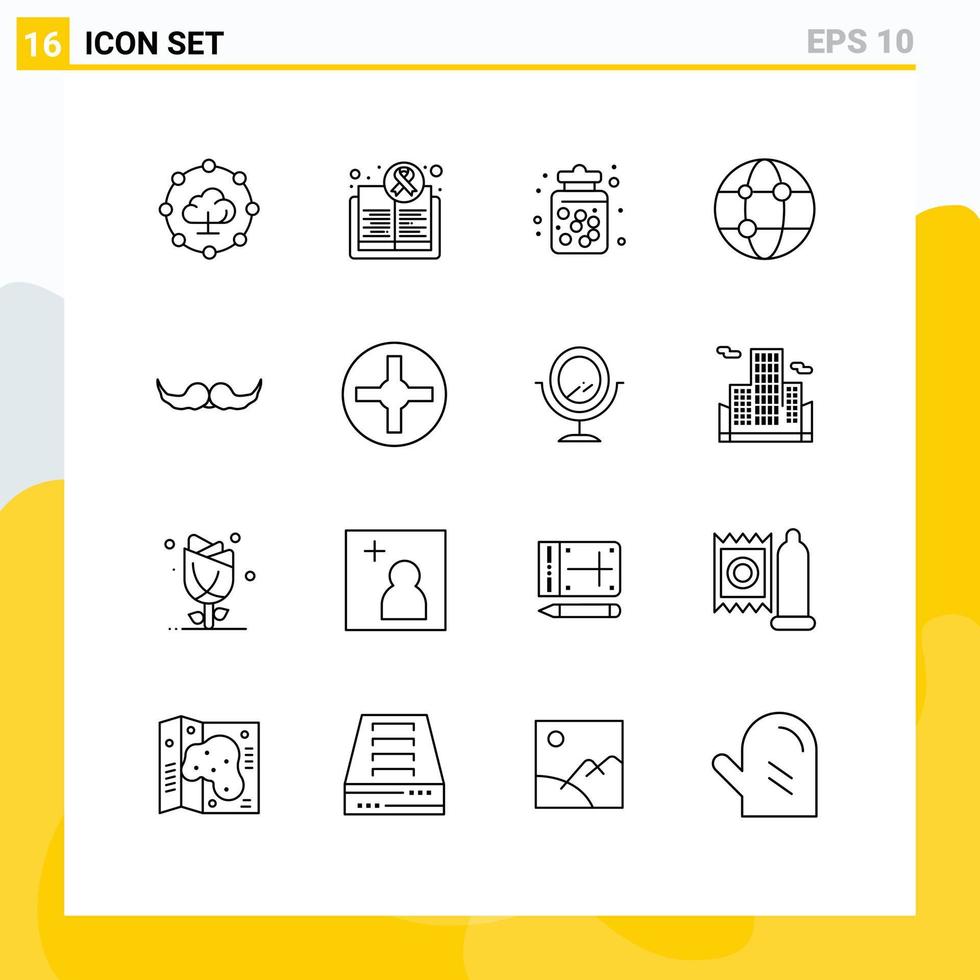 Pack of 16 creative Outlines of moustache network candy global sweets Editable Vector Design Elements