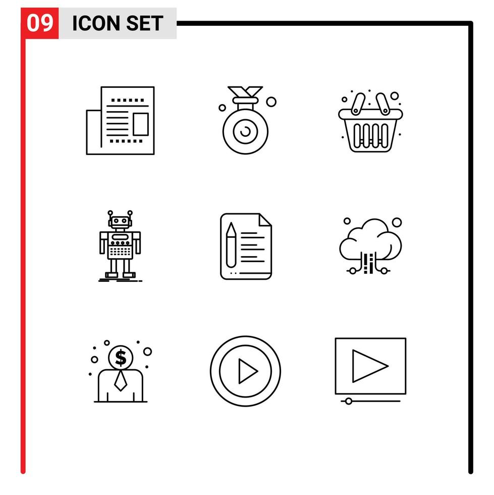 9 signos de contorno universal símbolos de tecnología de texto cesta bot android elementos de diseño vectorial editables vector